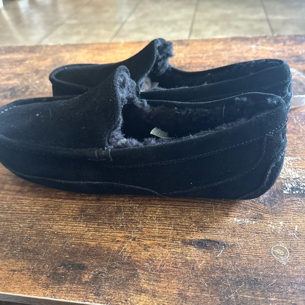 UGG Men Ascot Fur Slippers Sz 12 Wool Lined Leather Moccasin Shoes Black Suede‎ - Picture 5 of 10